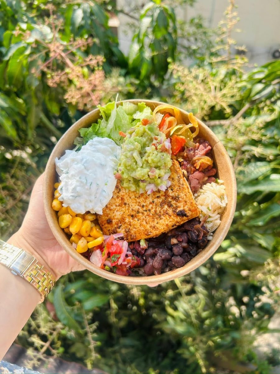 A peri peri paneer burrito bowl held up outdoors